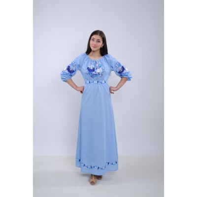 Embroidered dress "Happy Petrykivka" light blue